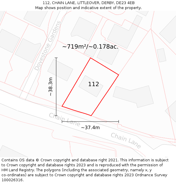 112, CHAIN LANE, LITTLEOVER, DERBY, DE23 4EB: Plot and title map