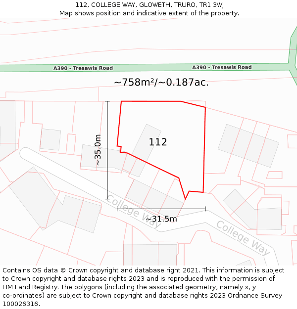 112, COLLEGE WAY, GLOWETH, TRURO, TR1 3WJ: Plot and title map