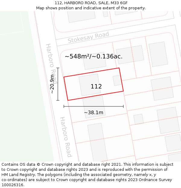 112, HARBORO ROAD, SALE, M33 6GF: Plot and title map