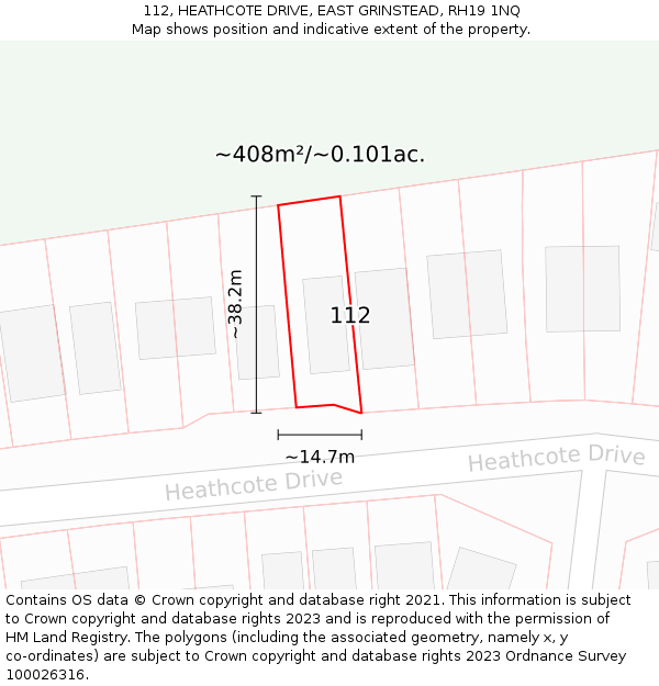 112, HEATHCOTE DRIVE, EAST GRINSTEAD, RH19 1NQ: Plot and title map