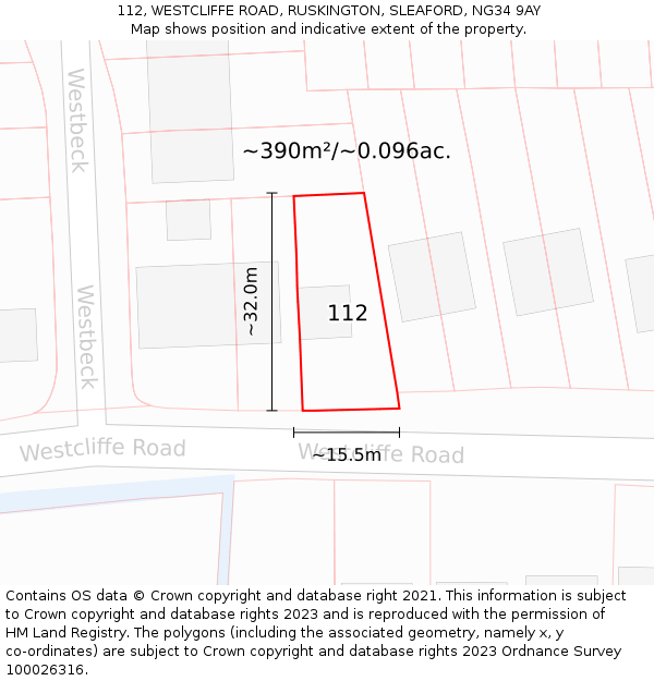 112, WESTCLIFFE ROAD, RUSKINGTON, SLEAFORD, NG34 9AY: Plot and title map