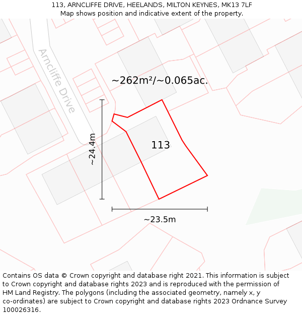 113, ARNCLIFFE DRIVE, HEELANDS, MILTON KEYNES, MK13 7LF: Plot and title map