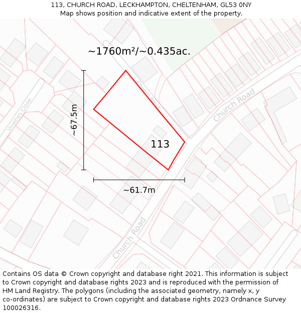 113, CHURCH ROAD, LECKHAMPTON, CHELTENHAM, GL53 0NY: Plot and title map