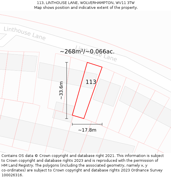 113, LINTHOUSE LANE, WOLVERHAMPTON, WV11 3TW: Plot and title map