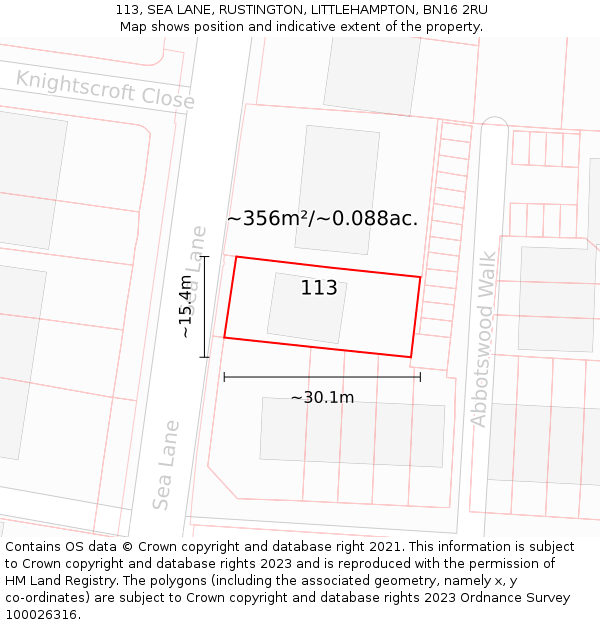 113, SEA LANE, RUSTINGTON, LITTLEHAMPTON, BN16 2RU: Plot and title map