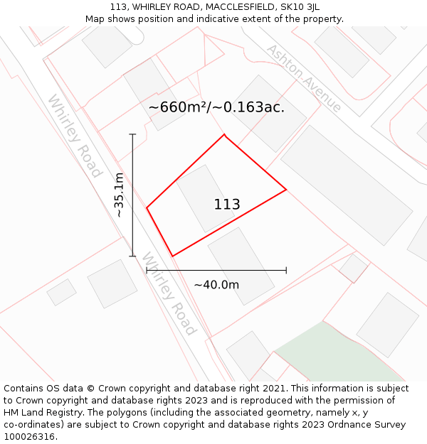 113, WHIRLEY ROAD, MACCLESFIELD, SK10 3JL: Plot and title map