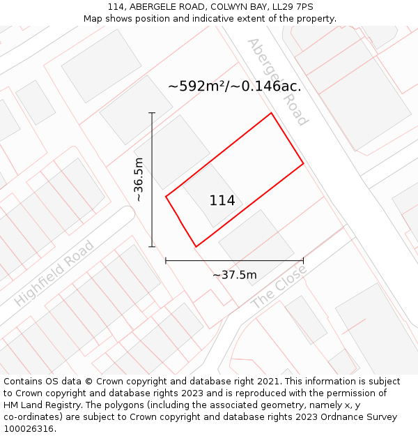 114, ABERGELE ROAD, COLWYN BAY, LL29 7PS: Plot and title map