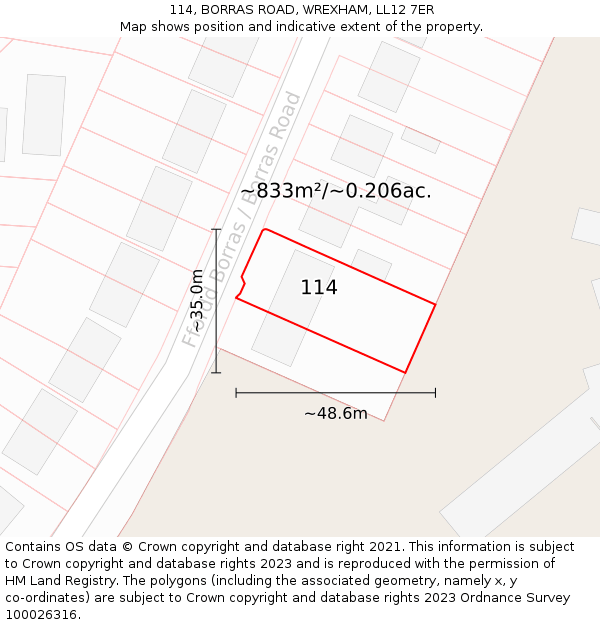 114, BORRAS ROAD, WREXHAM, LL12 7ER: Plot and title map