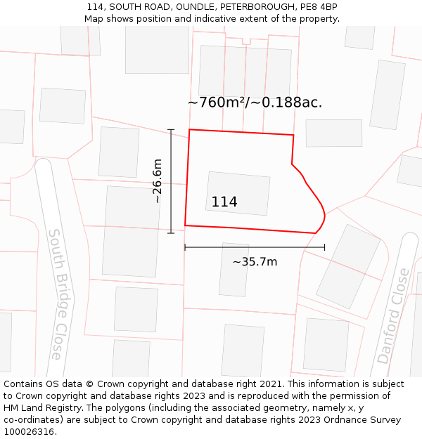 114, SOUTH ROAD, OUNDLE, PETERBOROUGH, PE8 4BP: Plot and title map