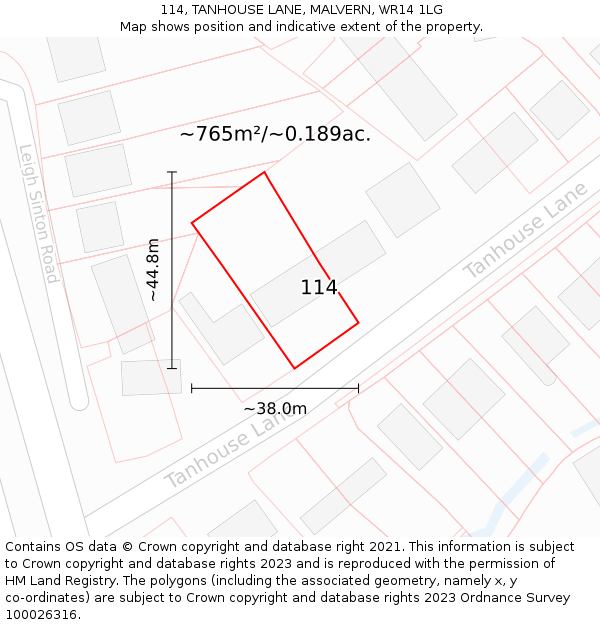 114, TANHOUSE LANE, MALVERN, WR14 1LG: Plot and title map