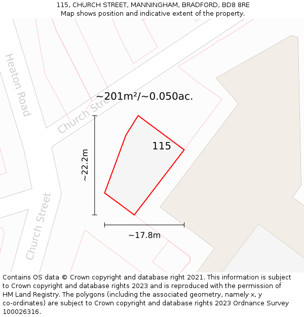 115, CHURCH STREET, MANNINGHAM, BRADFORD, BD8 8RE: Plot and title map