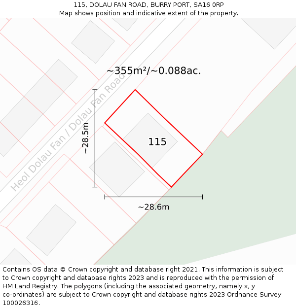 115, DOLAU FAN ROAD, BURRY PORT, SA16 0RP: Plot and title map