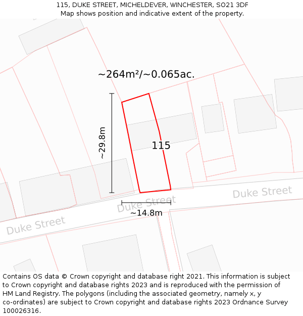 115, DUKE STREET, MICHELDEVER, WINCHESTER, SO21 3DF: Plot and title map