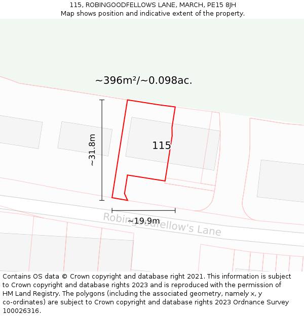 115, ROBINGOODFELLOWS LANE, MARCH, PE15 8JH: Plot and title map