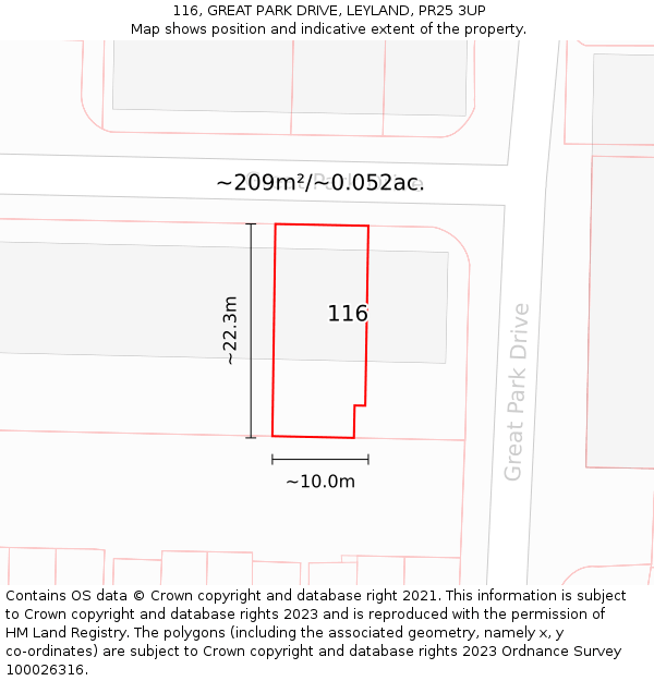 116, GREAT PARK DRIVE, LEYLAND, PR25 3UP: Plot and title map