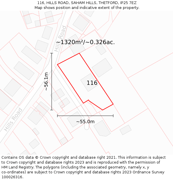 116, HILLS ROAD, SAHAM HILLS, THETFORD, IP25 7EZ: Plot and title map