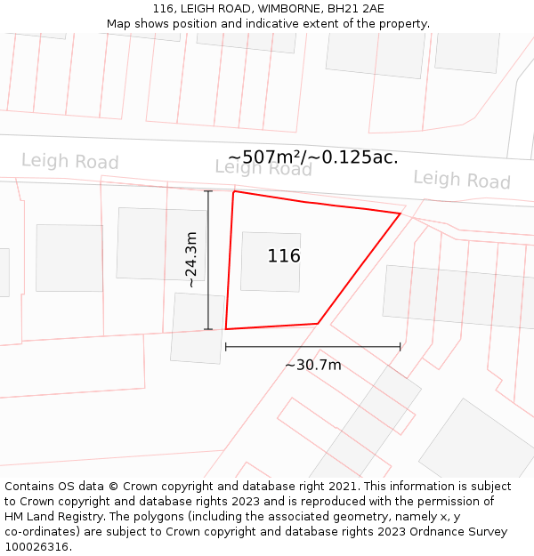 116, LEIGH ROAD, WIMBORNE, BH21 2AE: Plot and title map