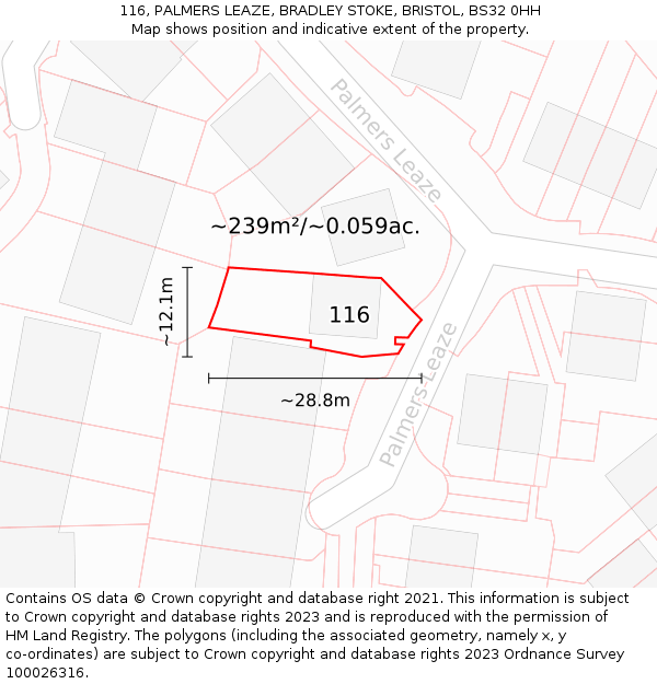 116, PALMERS LEAZE, BRADLEY STOKE, BRISTOL, BS32 0HH: Plot and title map