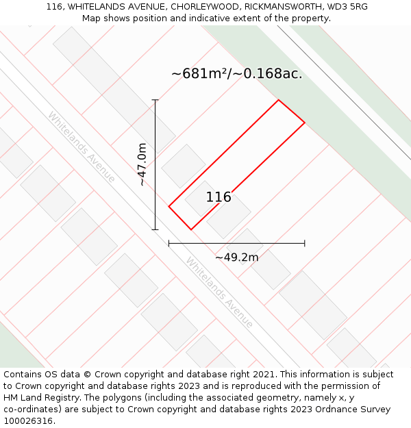 116, WHITELANDS AVENUE, CHORLEYWOOD, RICKMANSWORTH, WD3 5RG: Plot and title map