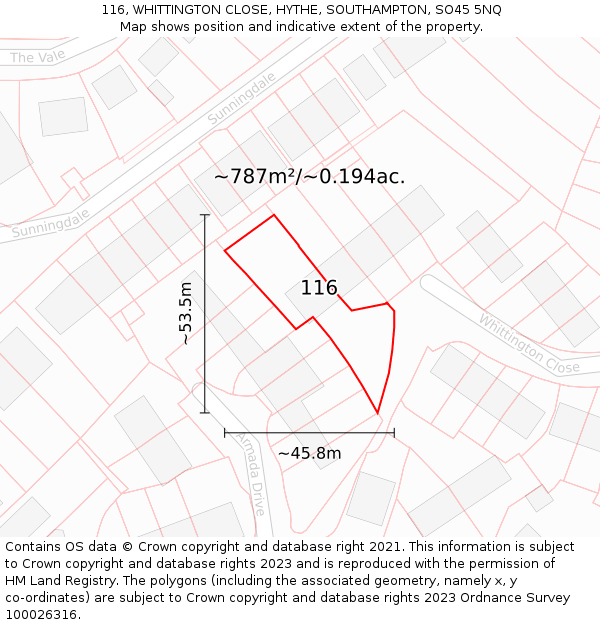 116, WHITTINGTON CLOSE, HYTHE, SOUTHAMPTON, SO45 5NQ: Plot and title map