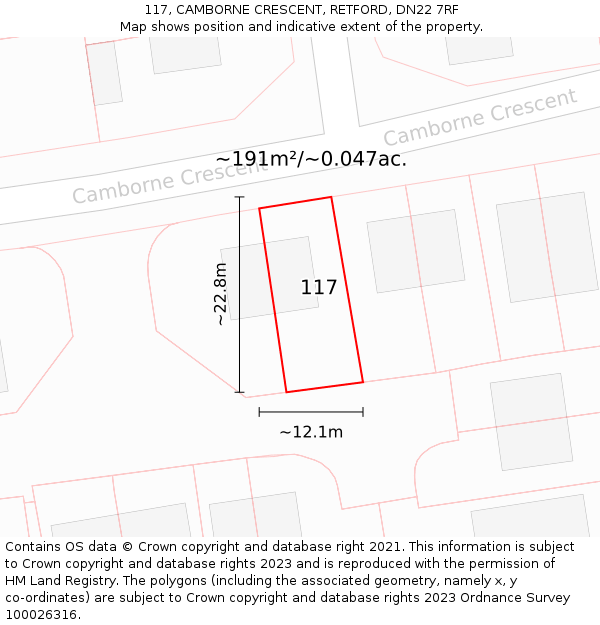 117, CAMBORNE CRESCENT, RETFORD, DN22 7RF: Plot and title map