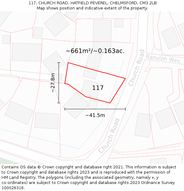 117, CHURCH ROAD, HATFIELD PEVEREL, CHELMSFORD, CM3 2LB: Plot and title map