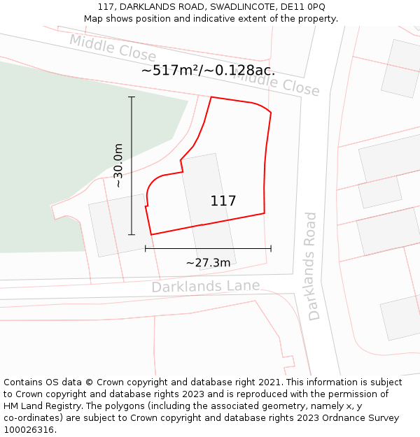 117, DARKLANDS ROAD, SWADLINCOTE, DE11 0PQ: Plot and title map