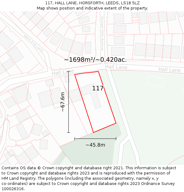 117, HALL LANE, HORSFORTH, LEEDS, LS18 5LZ: Plot and title map