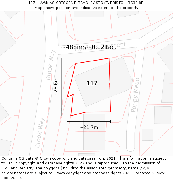 117, HAWKINS CRESCENT, BRADLEY STOKE, BRISTOL, BS32 8EL: Plot and title map