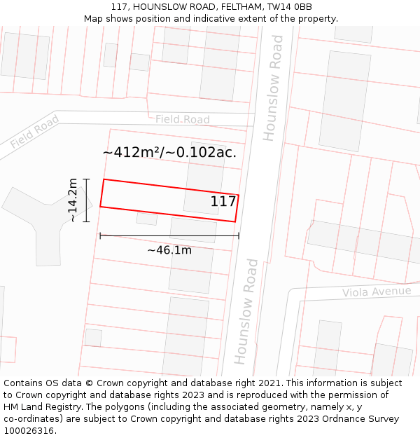 117, HOUNSLOW ROAD, FELTHAM, TW14 0BB: Plot and title map