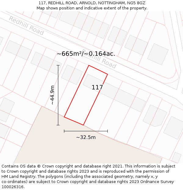 117, REDHILL ROAD, ARNOLD, NOTTINGHAM, NG5 8GZ: Plot and title map