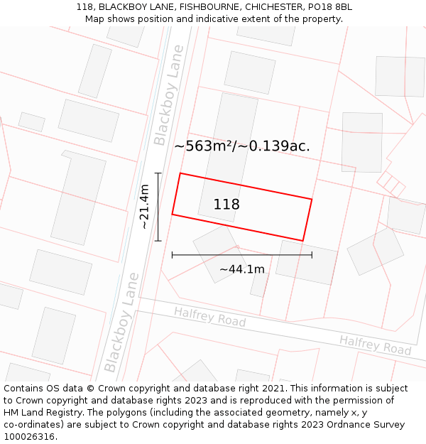 118, BLACKBOY LANE, FISHBOURNE, CHICHESTER, PO18 8BL: Plot and title map