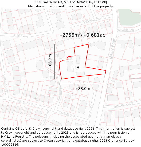 118, DALBY ROAD, MELTON MOWBRAY, LE13 0BJ: Plot and title map