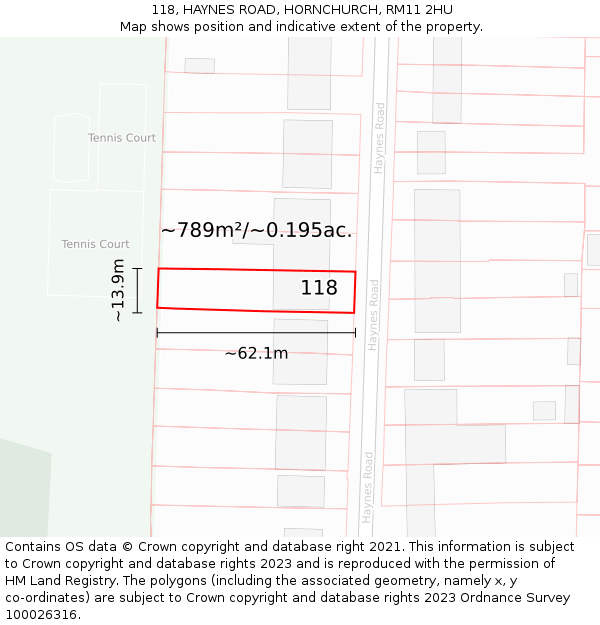 118, HAYNES ROAD, HORNCHURCH, RM11 2HU: Plot and title map