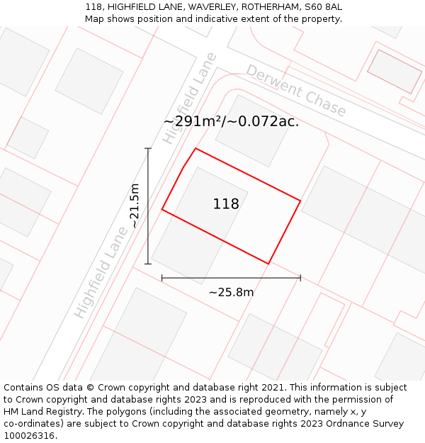 118, HIGHFIELD LANE, WAVERLEY, ROTHERHAM, S60 8AL: Plot and title map