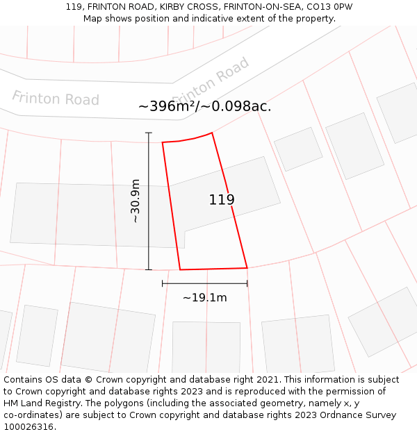 119, FRINTON ROAD, KIRBY CROSS, FRINTON-ON-SEA, CO13 0PW: Plot and title map