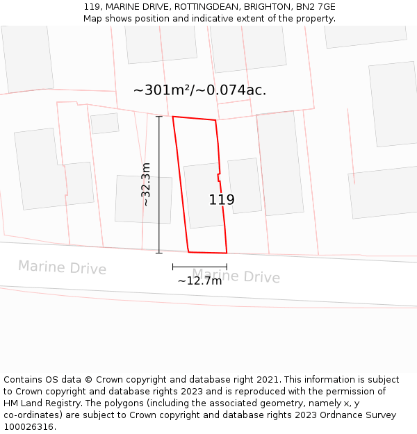 119, MARINE DRIVE, ROTTINGDEAN, BRIGHTON, BN2 7GE: Plot and title map