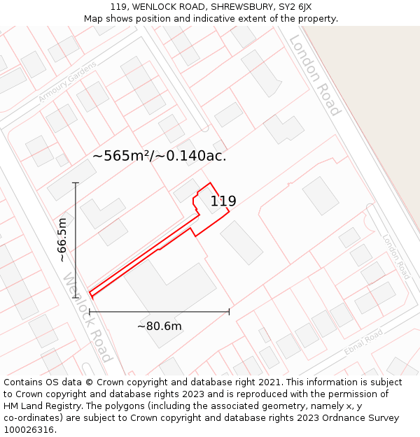 119, WENLOCK ROAD, SHREWSBURY, SY2 6JX: Plot and title map