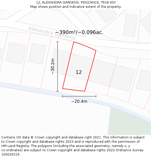 12, ALEXANDRA GARDENS, PENZANCE, TR18 4SY: Plot and title map