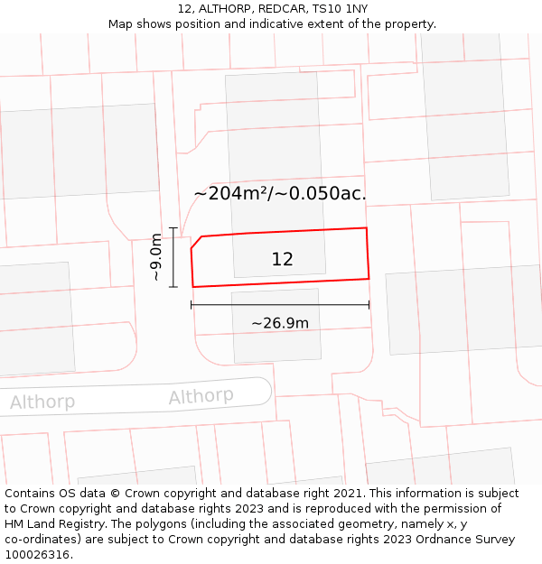 12, ALTHORP, REDCAR, TS10 1NY: Plot and title map