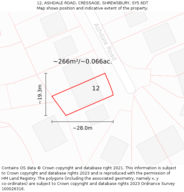 12, ASHDALE ROAD, CRESSAGE, SHREWSBURY, SY5 6DT: Plot and title map