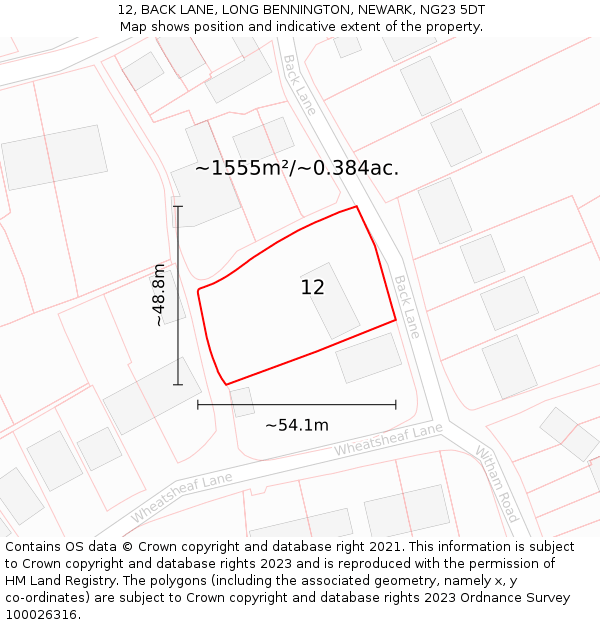 12, BACK LANE, LONG BENNINGTON, NEWARK, NG23 5DT: Plot and title map