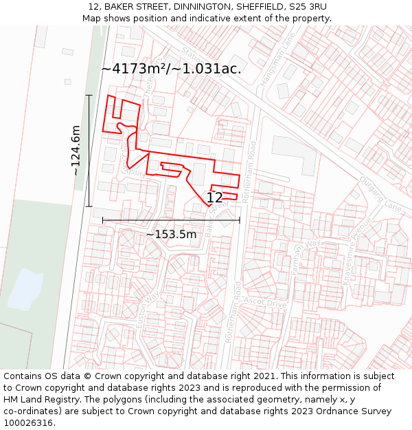 12, BAKER STREET, DINNINGTON, SHEFFIELD, S25 3RU: Plot and title map