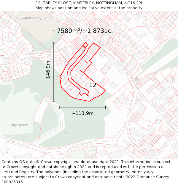 12, BARLEY CLOSE, KIMBERLEY, NOTTINGHAM, NG16 2PL: Plot and title map