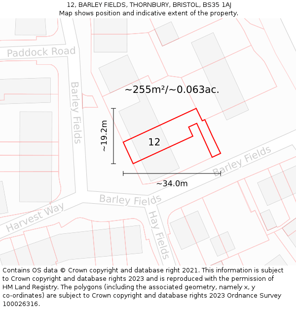12, BARLEY FIELDS, THORNBURY, BRISTOL, BS35 1AJ: Plot and title map