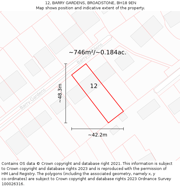 12, BARRY GARDENS, BROADSTONE, BH18 9EN: Plot and title map