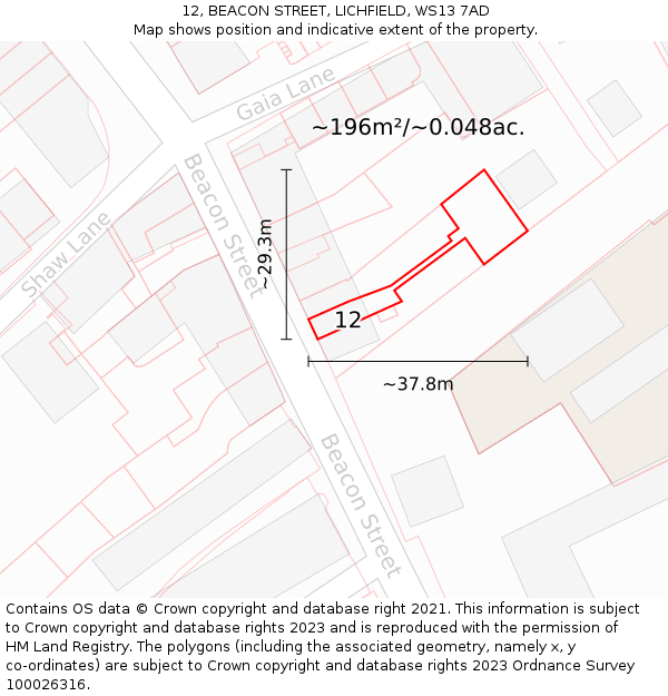 12, BEACON STREET, LICHFIELD, WS13 7AD: Plot and title map