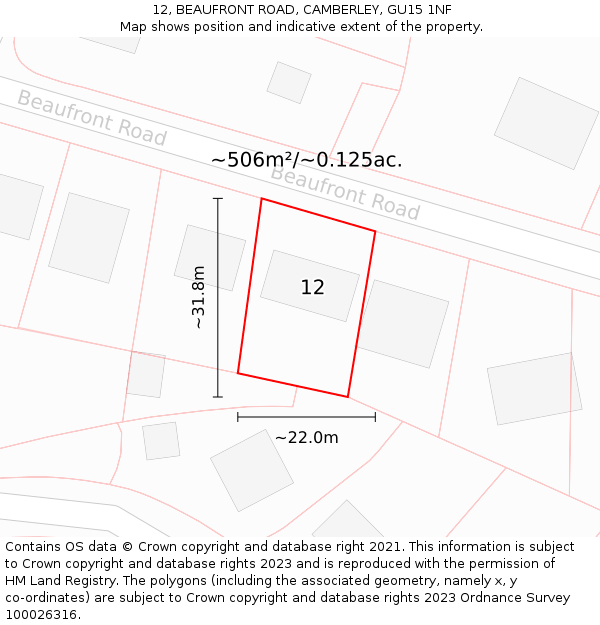 12, BEAUFRONT ROAD, CAMBERLEY, GU15 1NF: Plot and title map