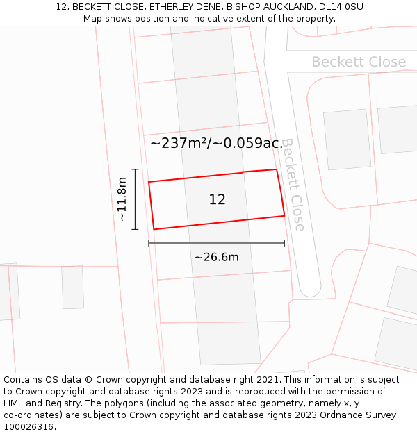 12, BECKETT CLOSE, ETHERLEY DENE, BISHOP AUCKLAND, DL14 0SU: Plot and title map