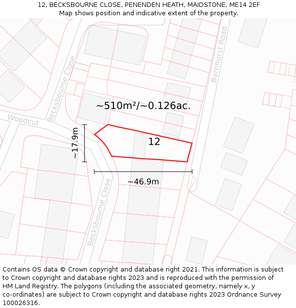 12, BECKSBOURNE CLOSE, PENENDEN HEATH, MAIDSTONE, ME14 2EF: Plot and title map